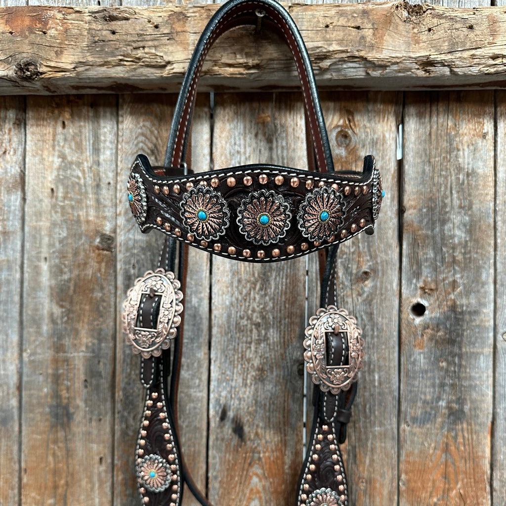 Dark Oil Floral Copper Dot & Turquoise Browband Headstall / Breastcollar Tack Set #BBBC535 — view 8