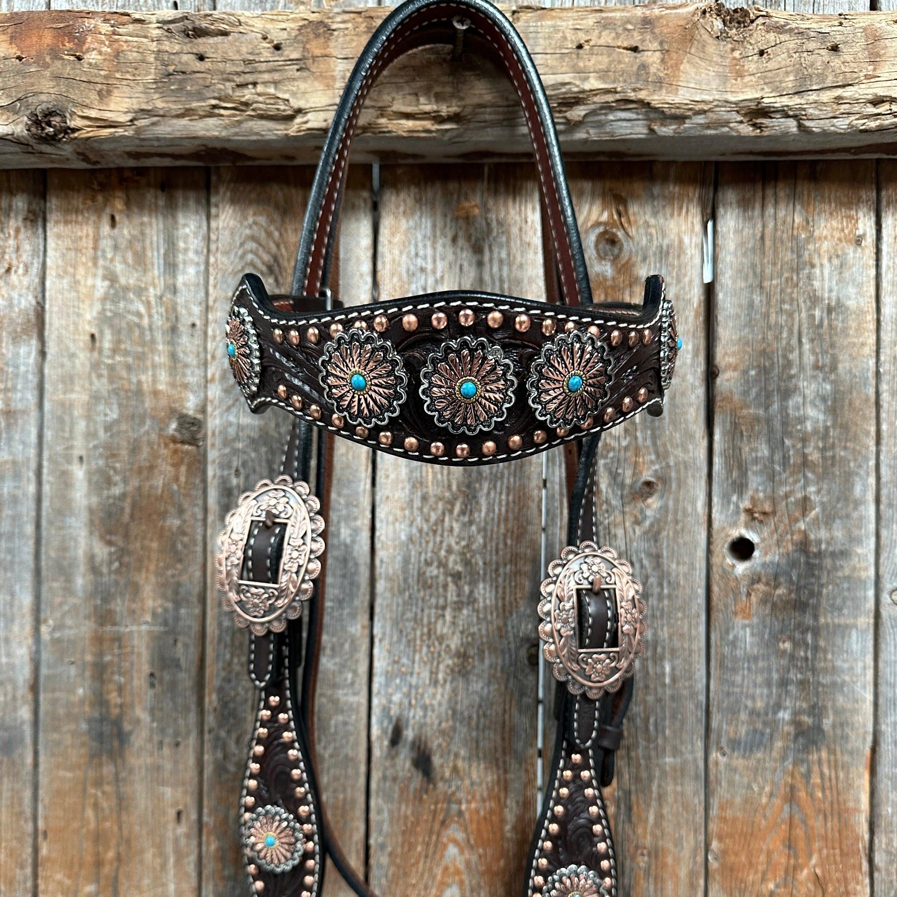 Dark Oil Floral Copper Dot & Turquoise Browband Headstall / Breastcollar Tack Set #BBBC535 — view 8