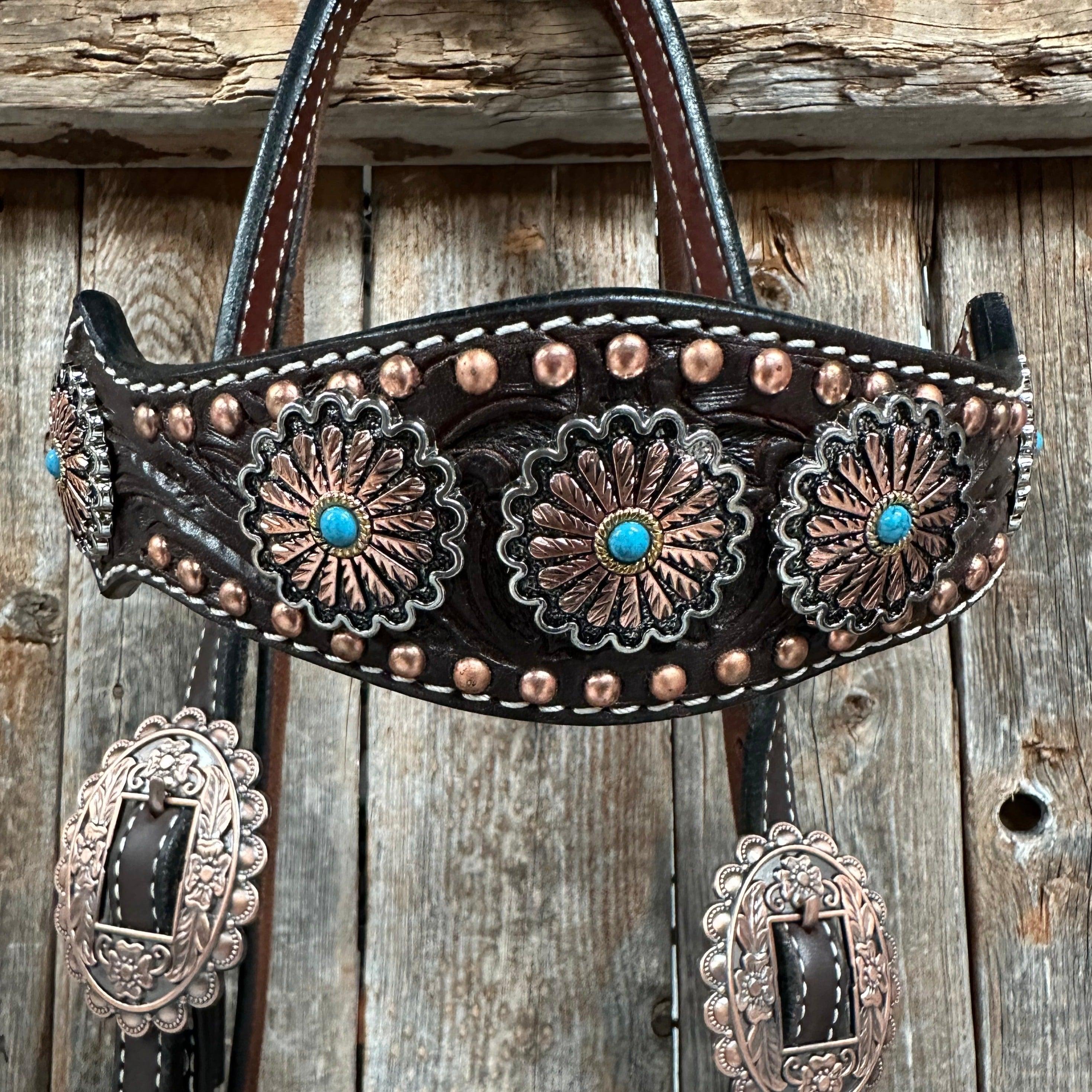 Dark Oil Floral Copper Dot & Turquoise Browband Headstall / Breastcollar Tack Set #BBBC535 — view 9