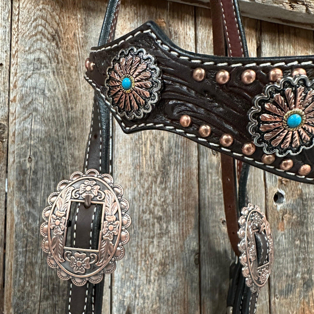 Dark Oil Floral Copper Dot & Turquoise Browband Headstall / Breastcollar Tack Set #BBBC535 — view 10