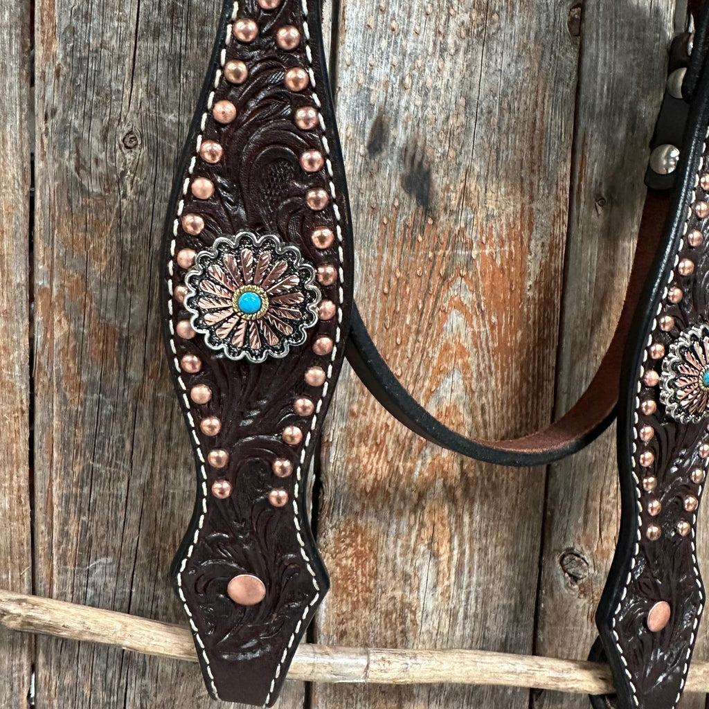 Dark Oil Floral Copper Dot & Turquoise Browband Headstall / Breastcollar Tack Set #BBBC535 — view 11