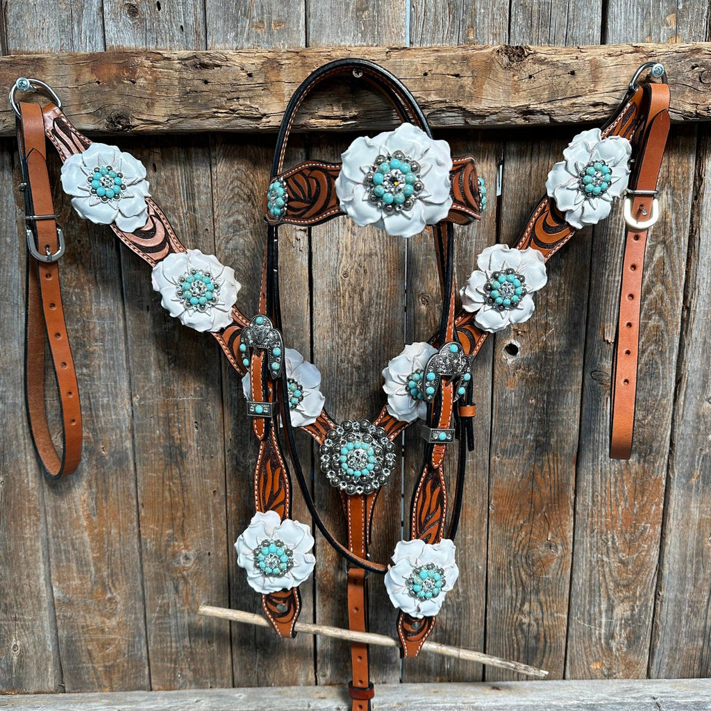 Zebra Turquoise and White Browband / Breastcollar Tack Set #BBBC536