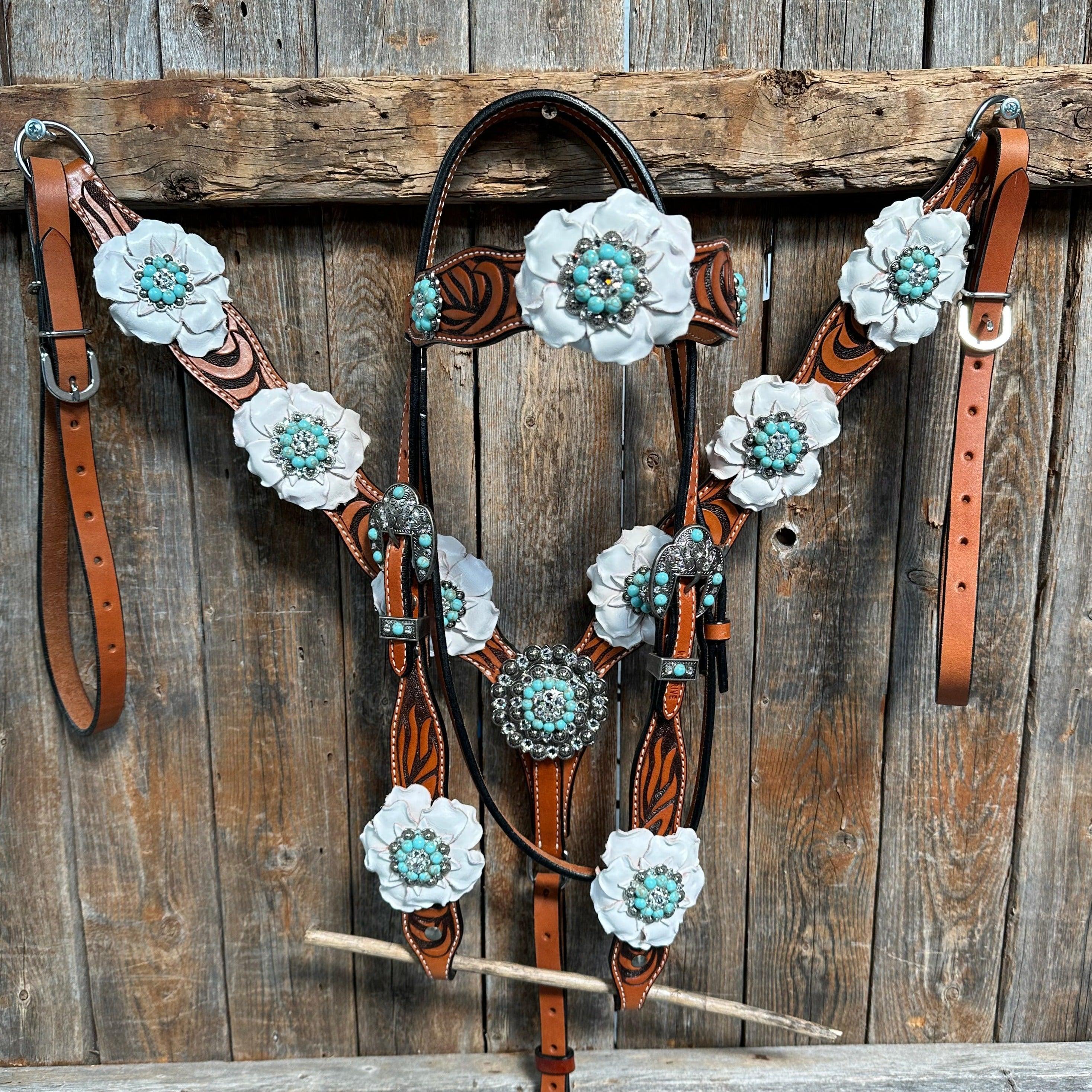 Zebra Turquoise and White Browband / Breastcollar Tack Set #BBBC536