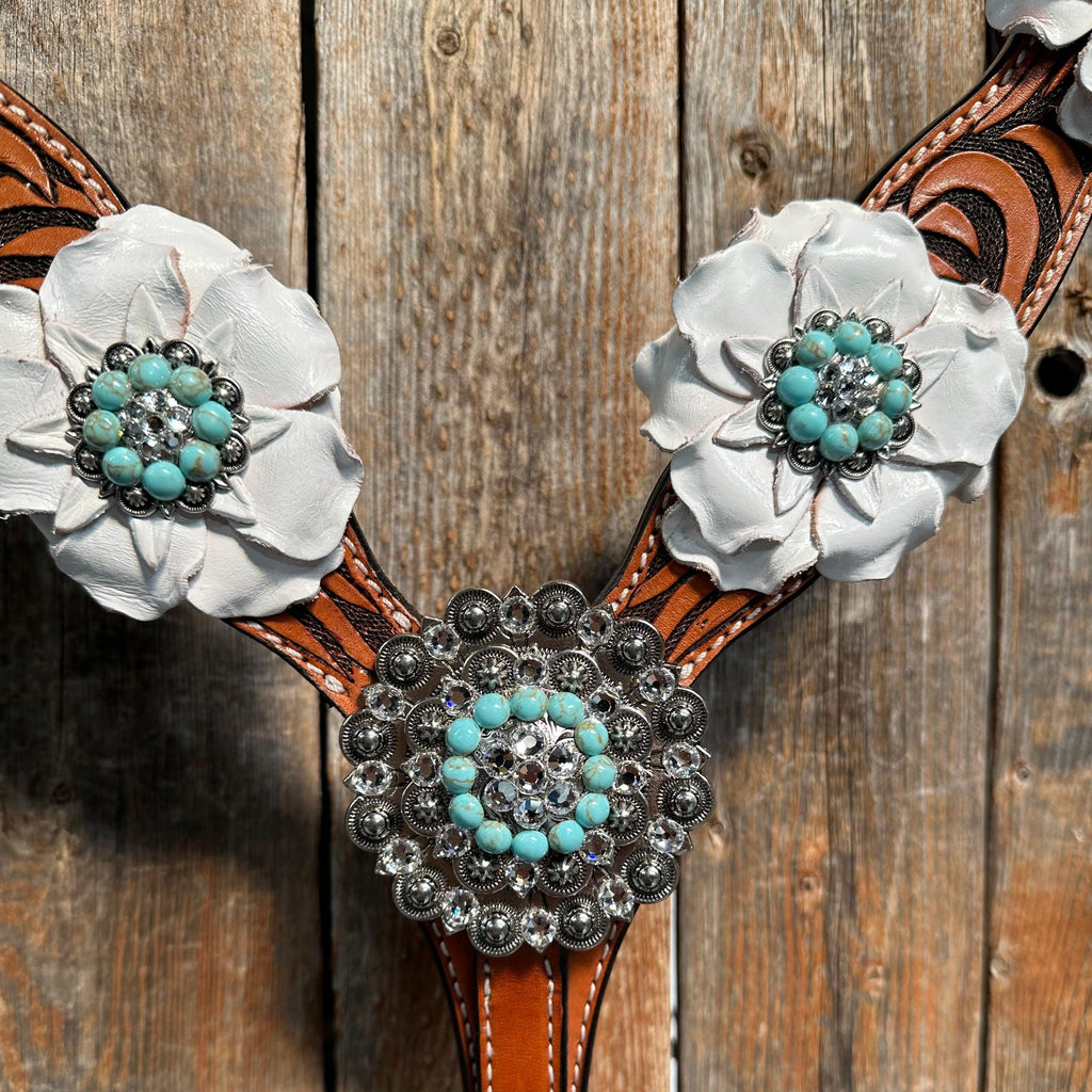 Zebra Turquoise and White Browband / Breastcollar Tack Set #BBBC536 — view 10