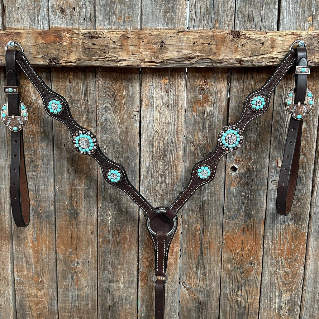 Dark Oil Basketweave Turquoise and Clear Browband Tack Set #BBBC530 — view 3
