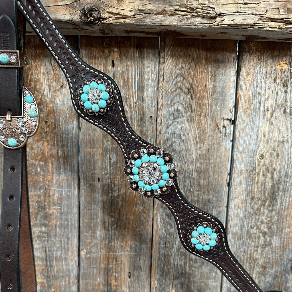 Dark Oil Basketweave Turquoise and Clear Browband Tack Set #BBBC530 — view 4