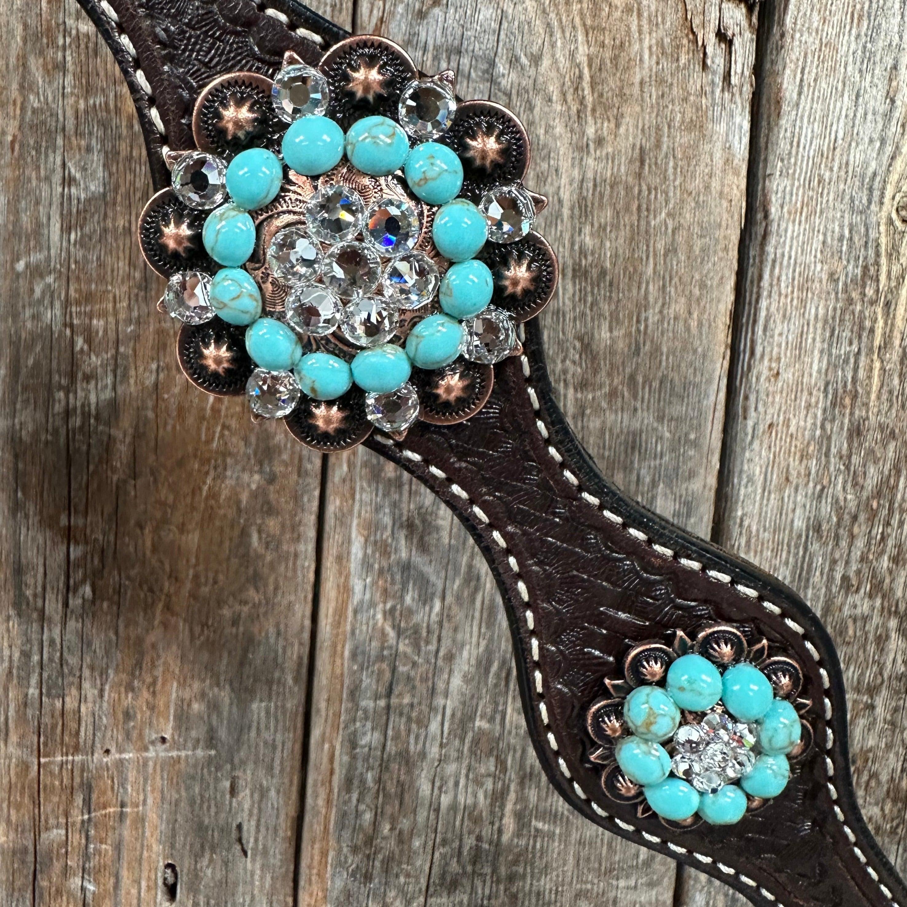 Dark Oil Basketweave Turquoise and Clear Browband Tack Set #BBBC530 — view 5