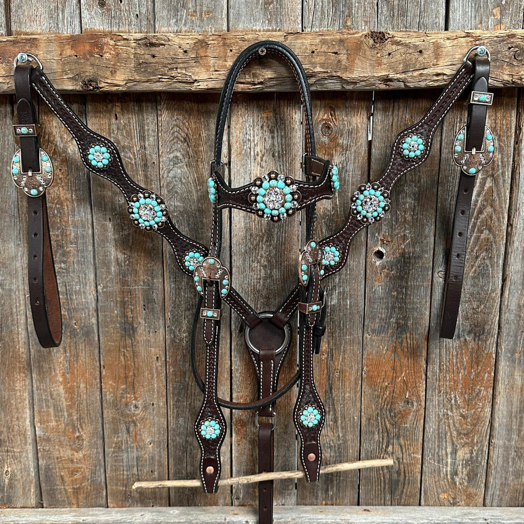 Dark Oil Basketweave Turquoise and Clear Browband Tack Set #BBBC530