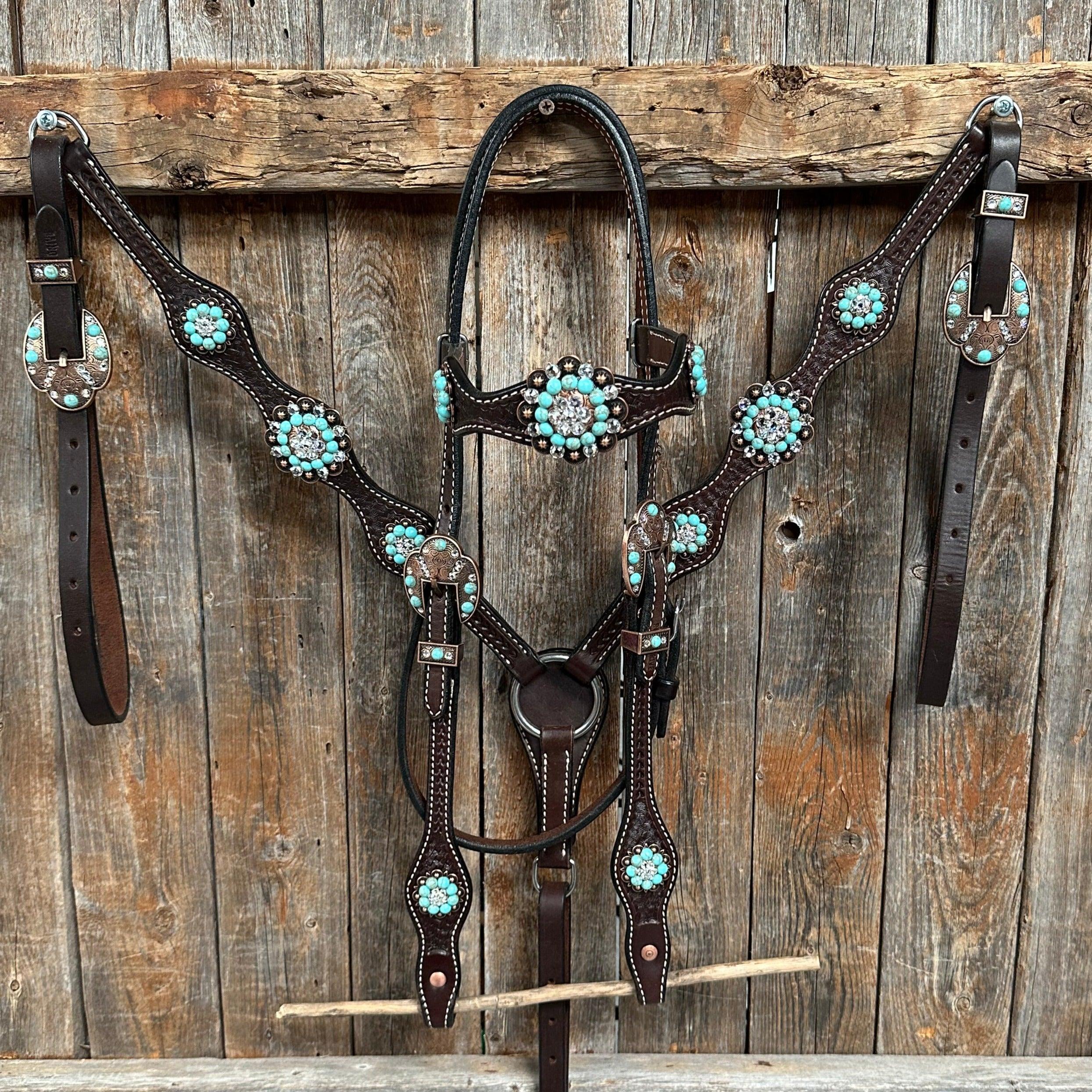 Dark Oil Basketweave Turquoise and Clear Browband Tack Set #BBBC530