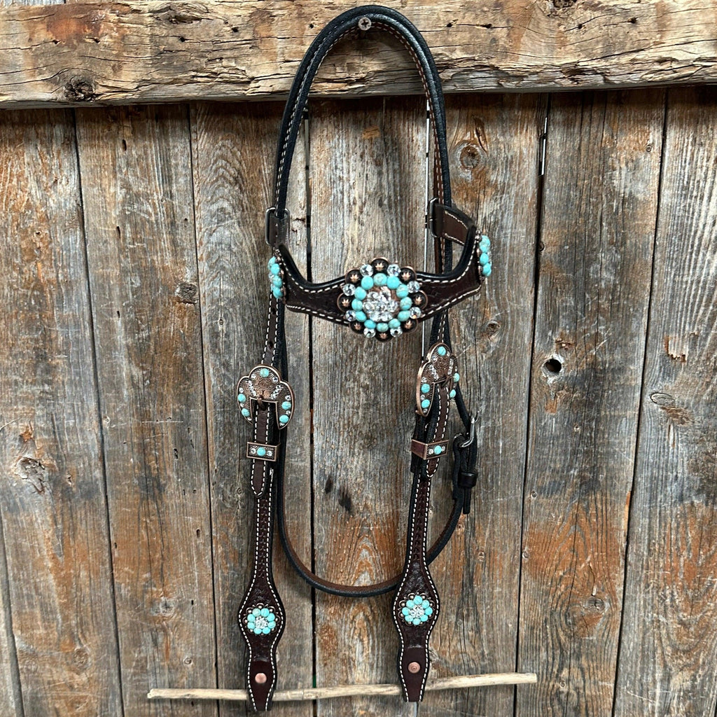 Dark Oil Basketweave Turquoise and Clear Browband Tack Set #BBBC530 — view 6