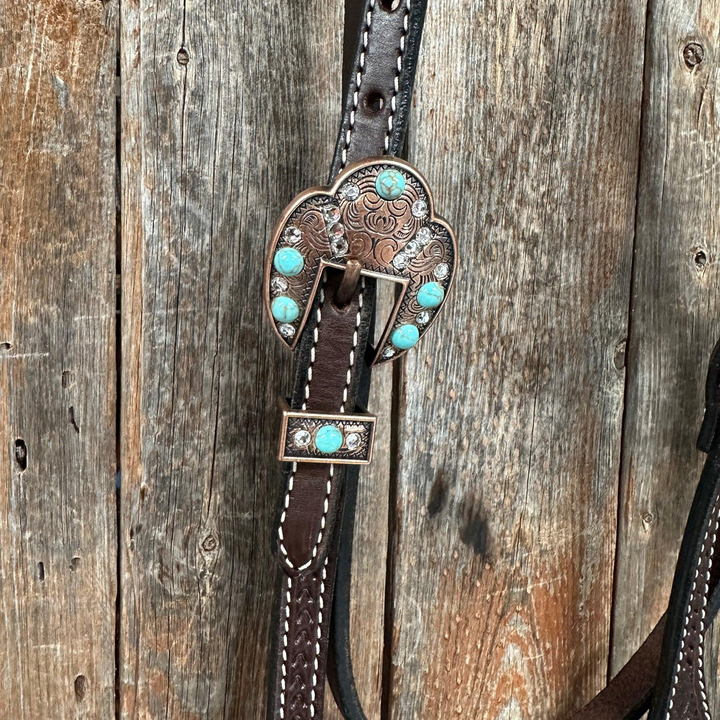 Dark Oil Basketweave Turquoise and Clear Browband Tack Set #BBBC530 — view 8