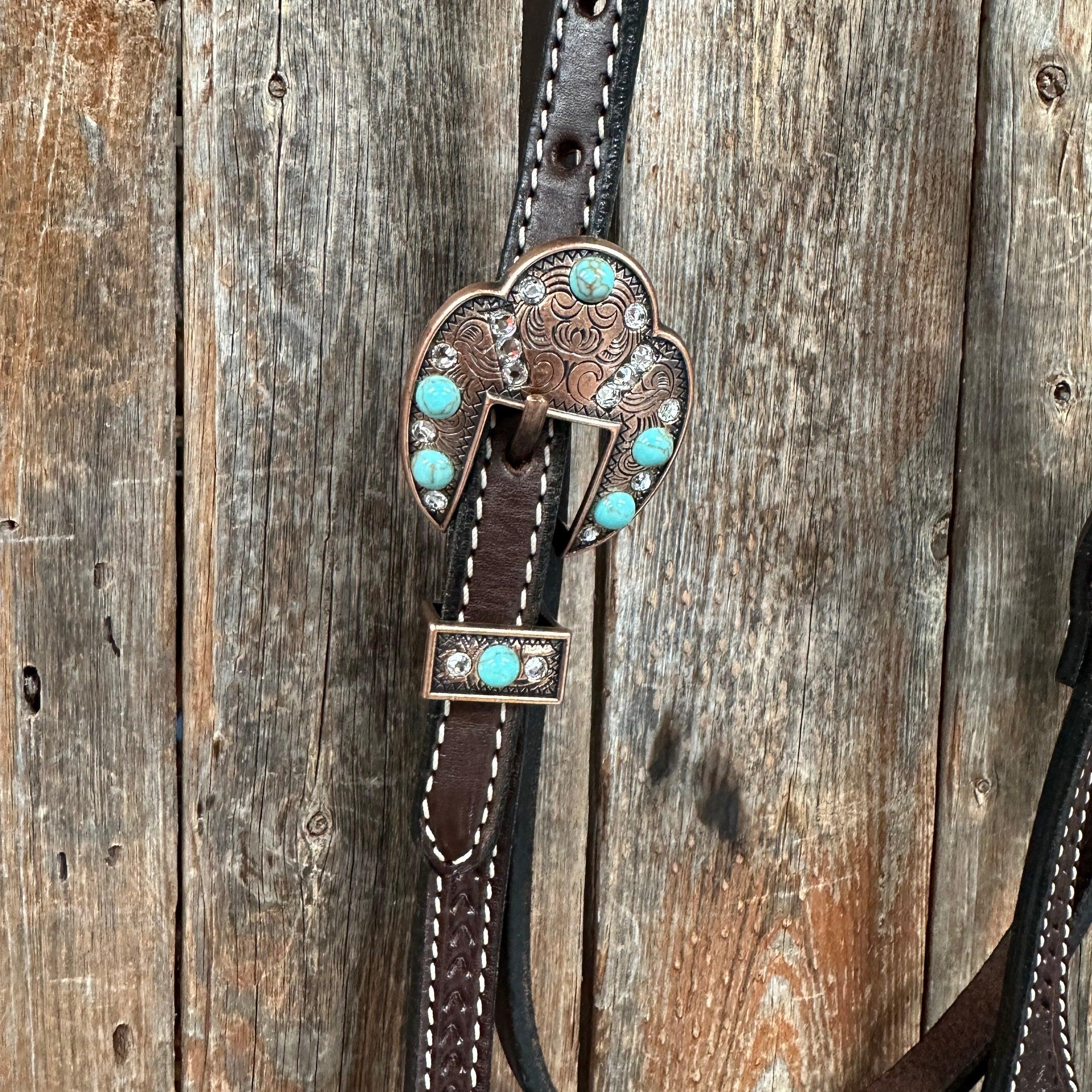 Dark Oil Basketweave Turquoise and Clear Browband Tack Set #BBBC530 — view 8