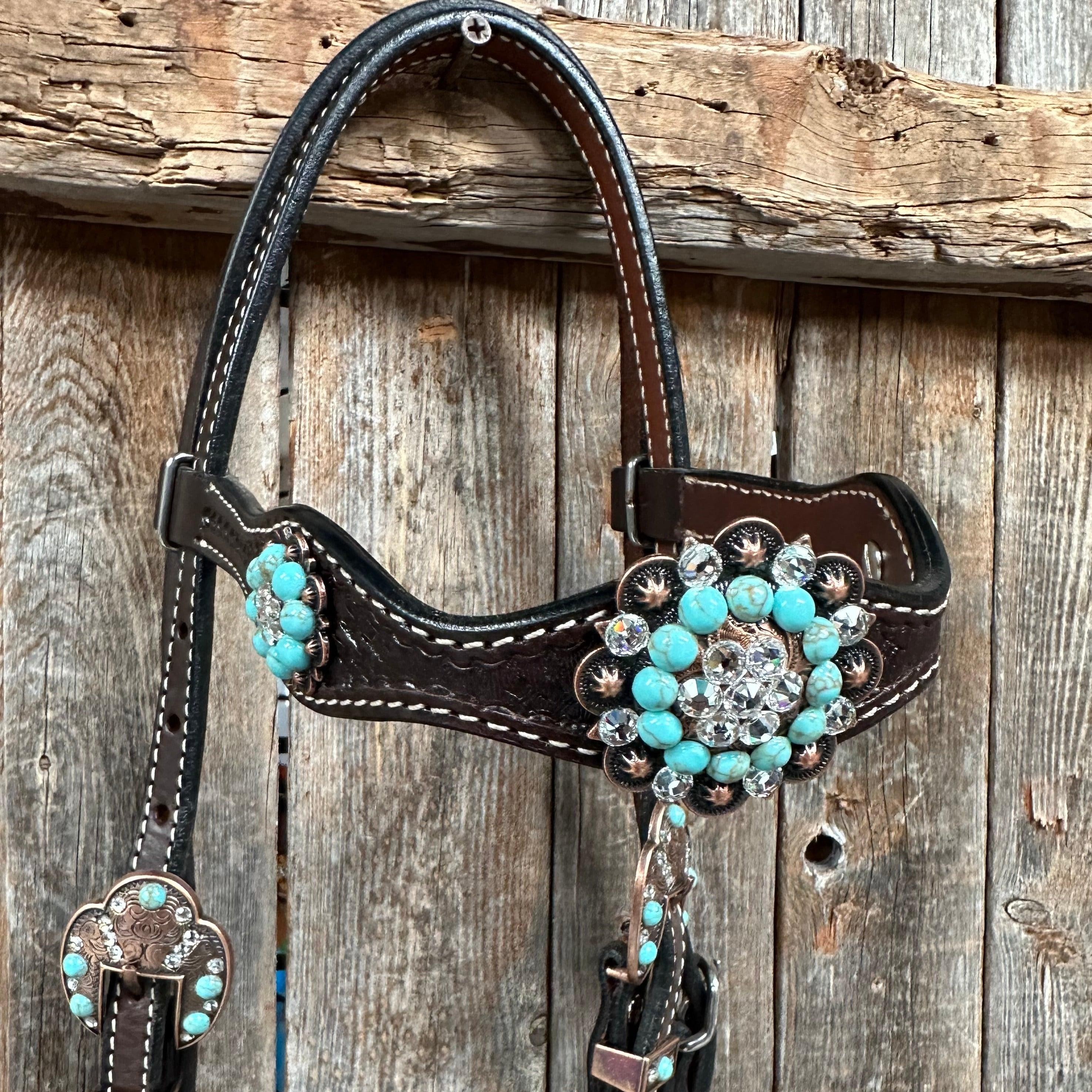 Dark Oil Basketweave Turquoise and Clear Browband Tack Set #BBBC530 — view 9