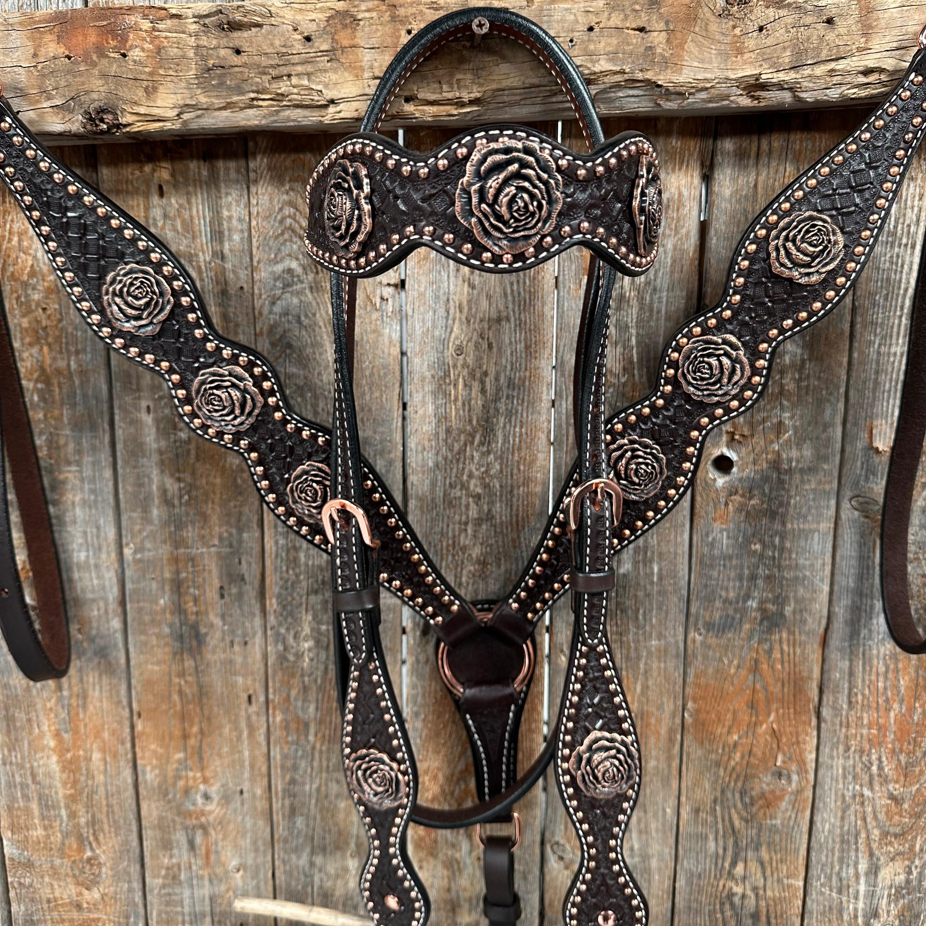 Copper Dot Honeycomb Rose Browband / One Ear Tack Set #BBBC554