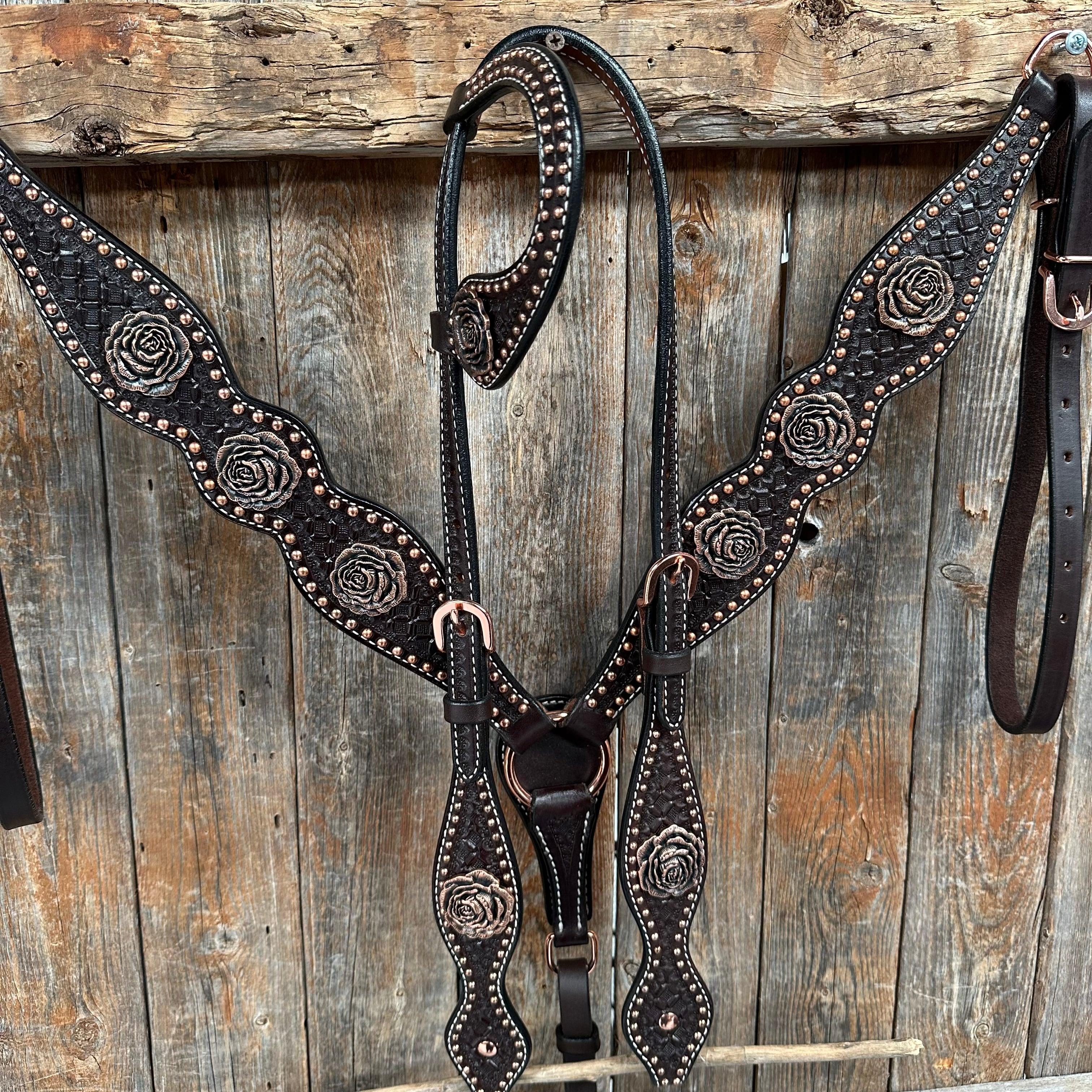 Copper Dot Honeycomb Rose Browband / One Ear Tack Set #BBBC554 — view 2