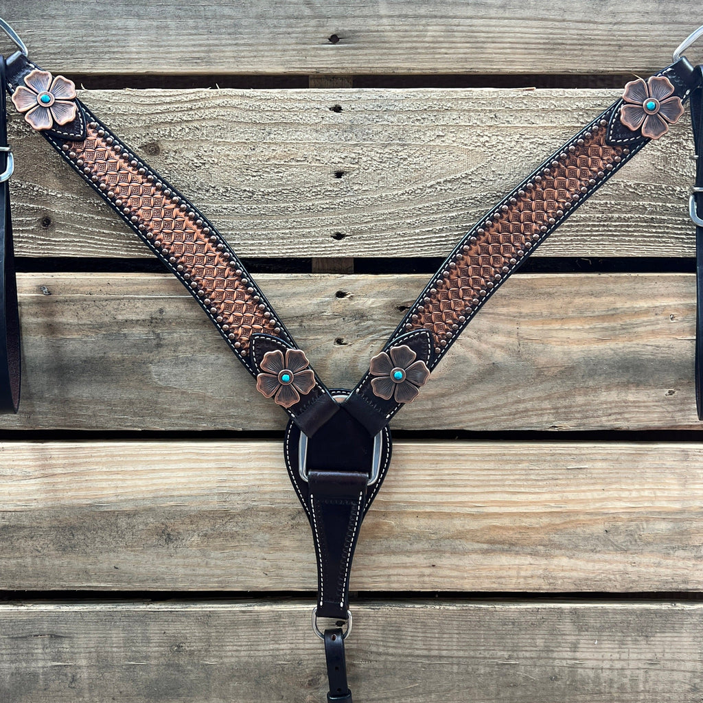 Two Tone Honeycomb Copper Flower Browband/One Ear Headstall & Breastcollar Tack Set #BBBC610 — view 8