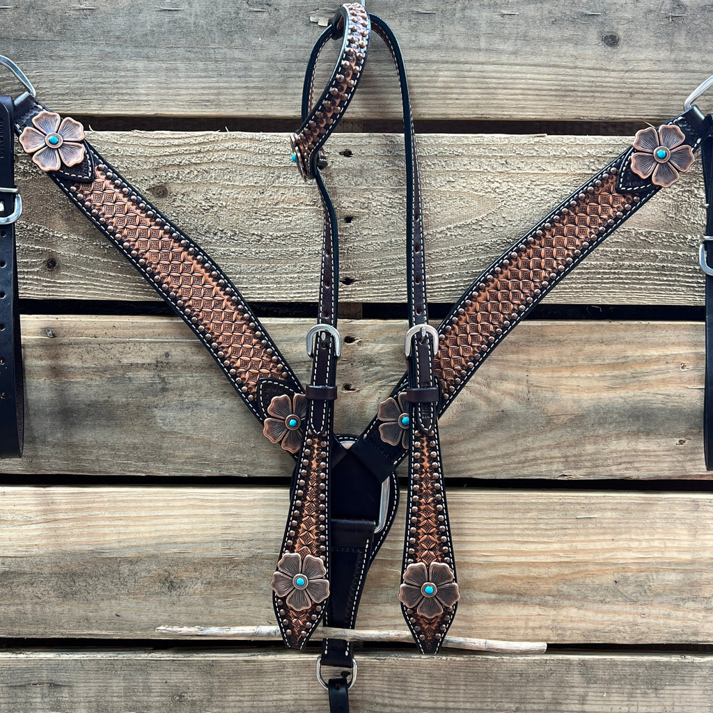 Two Tone Honeycomb Copper Flower Browband/One Ear Headstall & Breastcollar Tack Set #BBBC610 — view 2