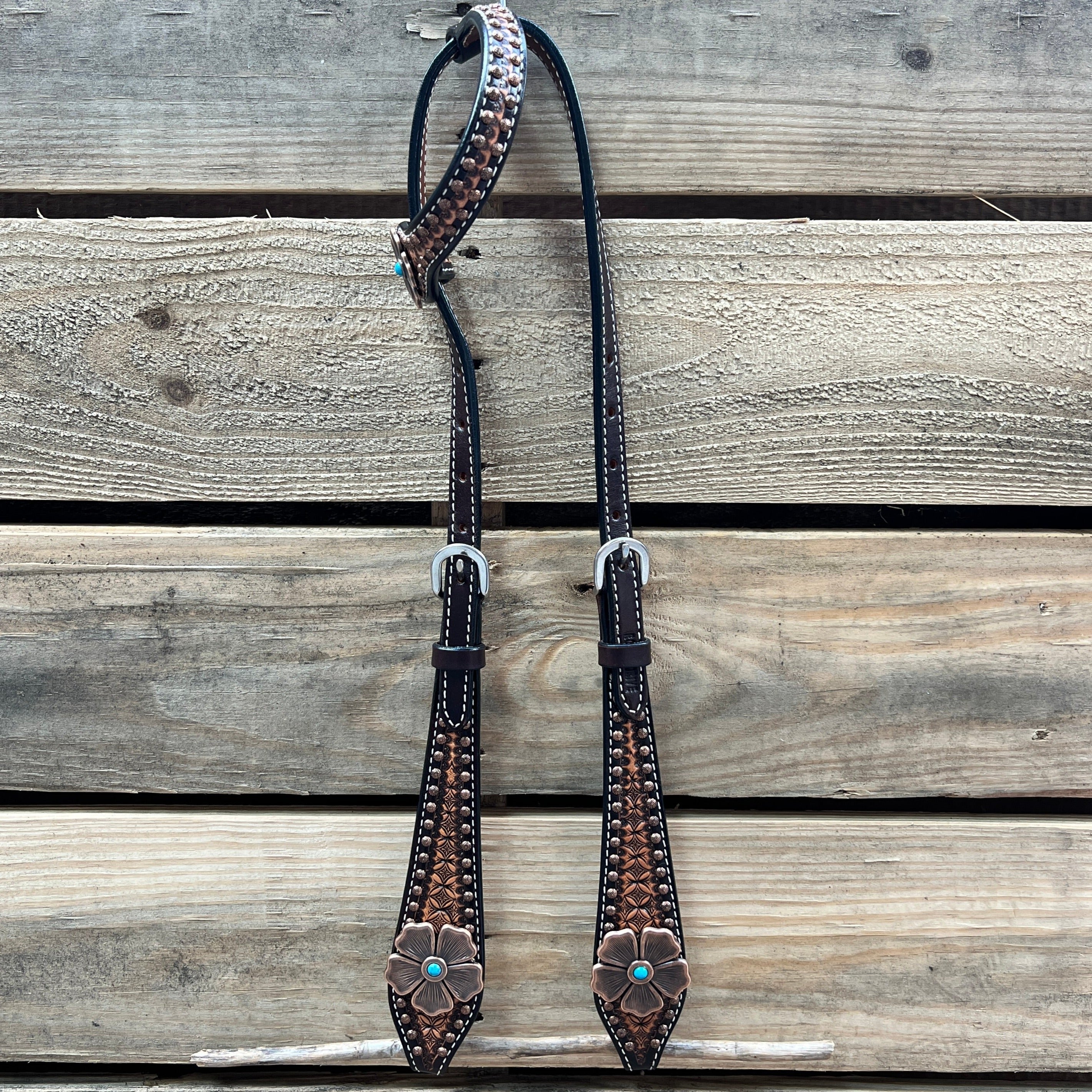 Two Tone Honeycomb Copper Flower Browband/One Ear Headstall & Breastcollar Tack Set #BBBC610 — view 5