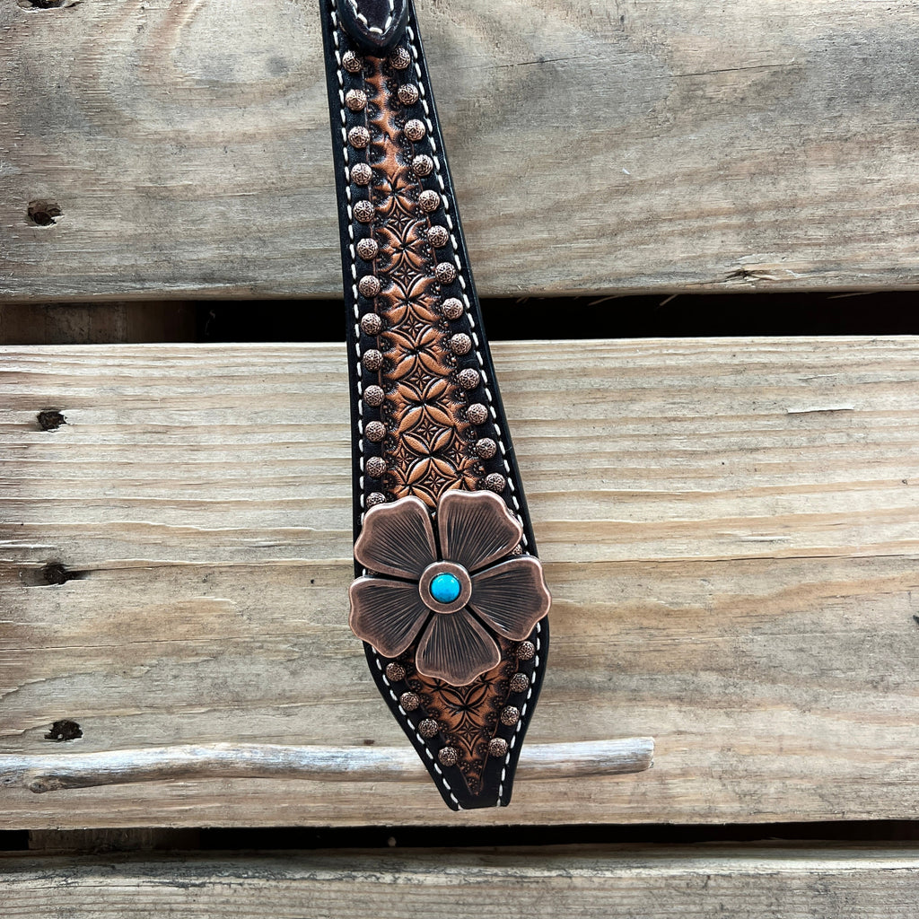 Two Tone Honeycomb Copper Flower Browband/One Ear Headstall & Breastcollar Tack Set #BBBC610 — view 7