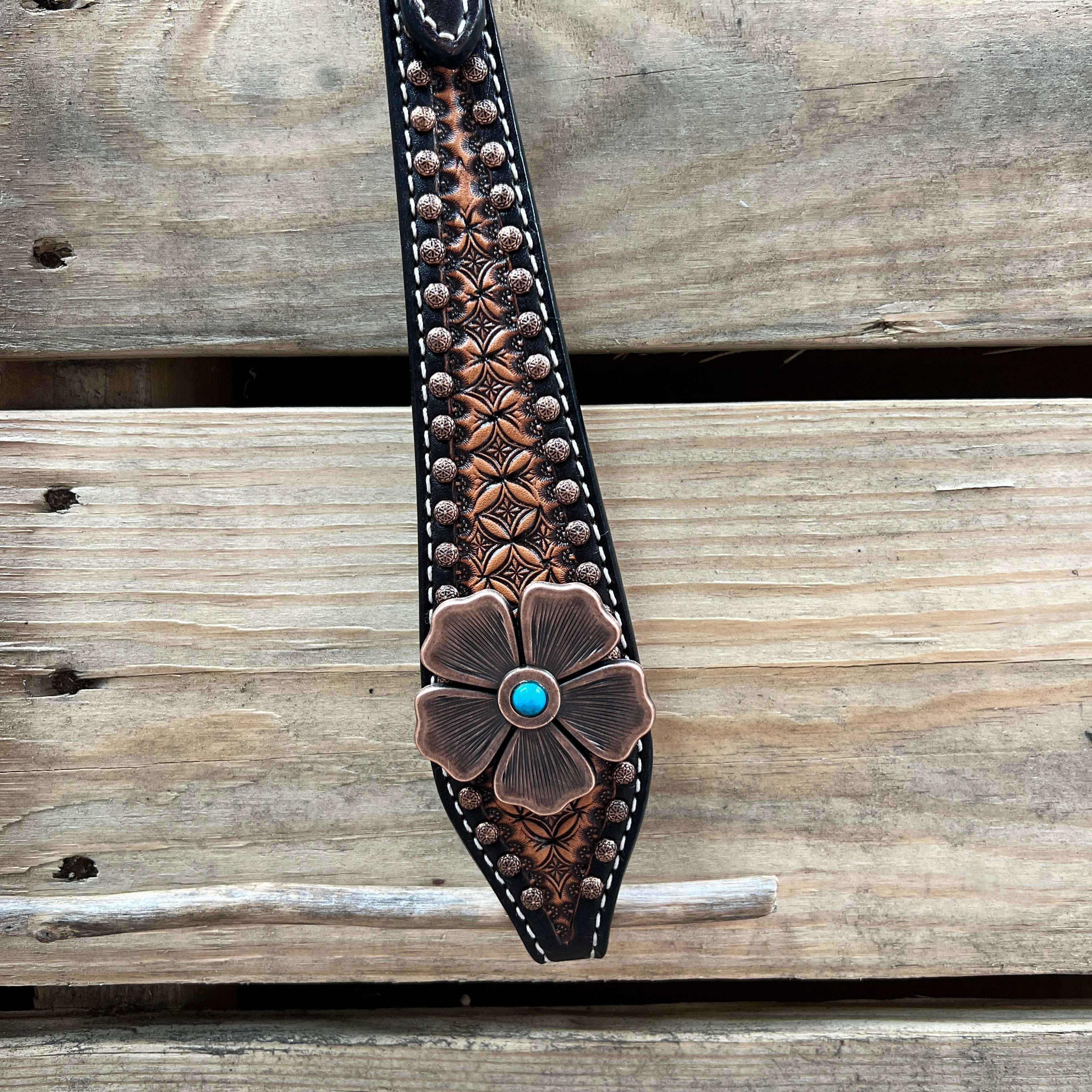 Two Tone Honeycomb Copper Flower Browband/One Ear Headstall & Breastcollar Tack Set #BBBC610 — view 7