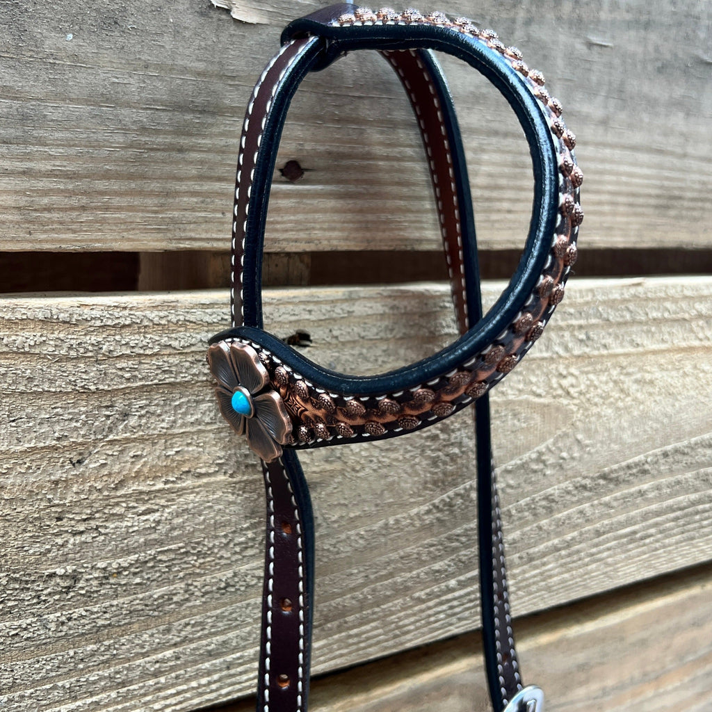 Two Tone Honeycomb Copper Flower Browband/One Ear Headstall & Breastcollar Tack Set #BBBC610 — view 6