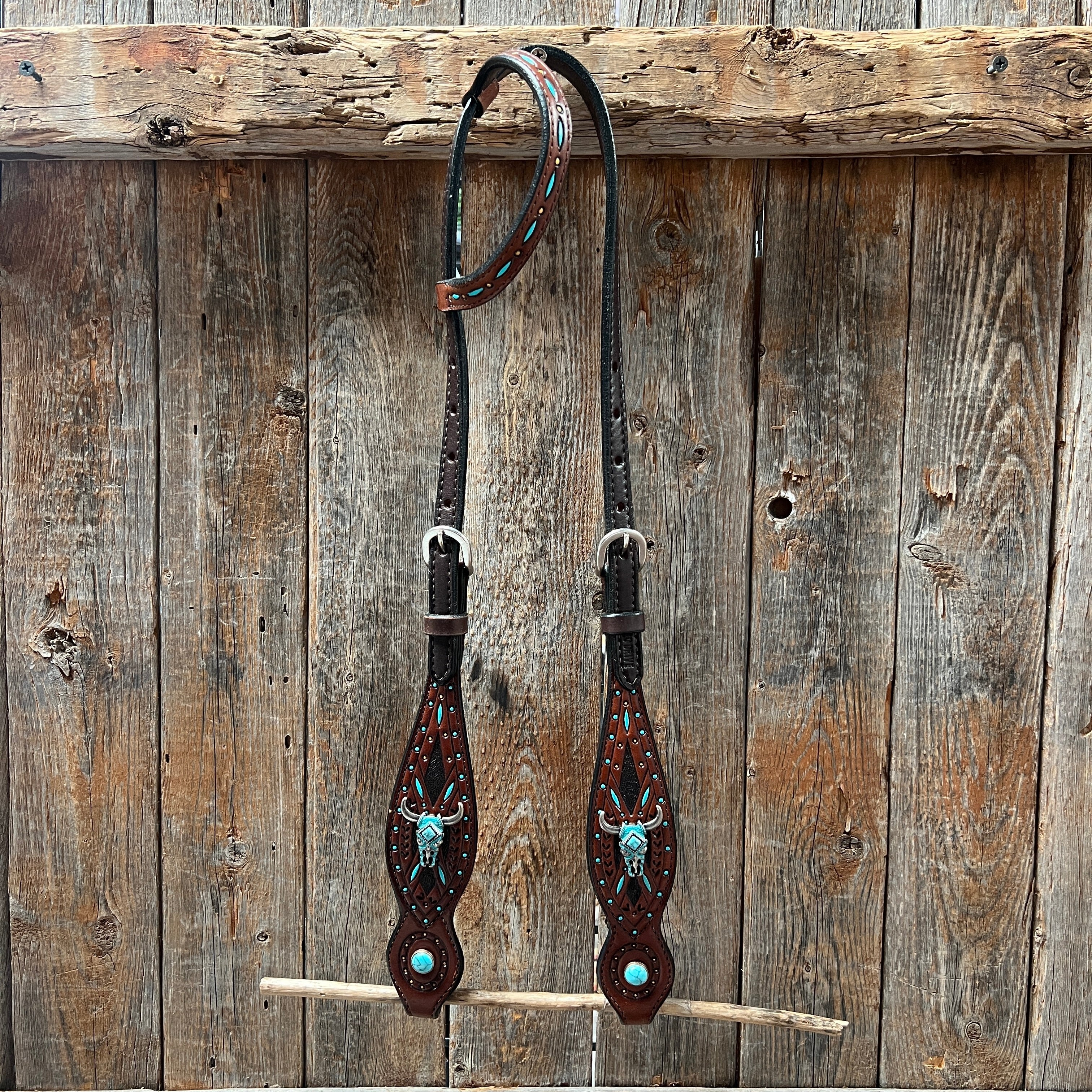 Dark Oil Hand Painted Steer Head and Turquoise Browband/One Ear and Breastcollar Tack Set #BBBC488 — view 6