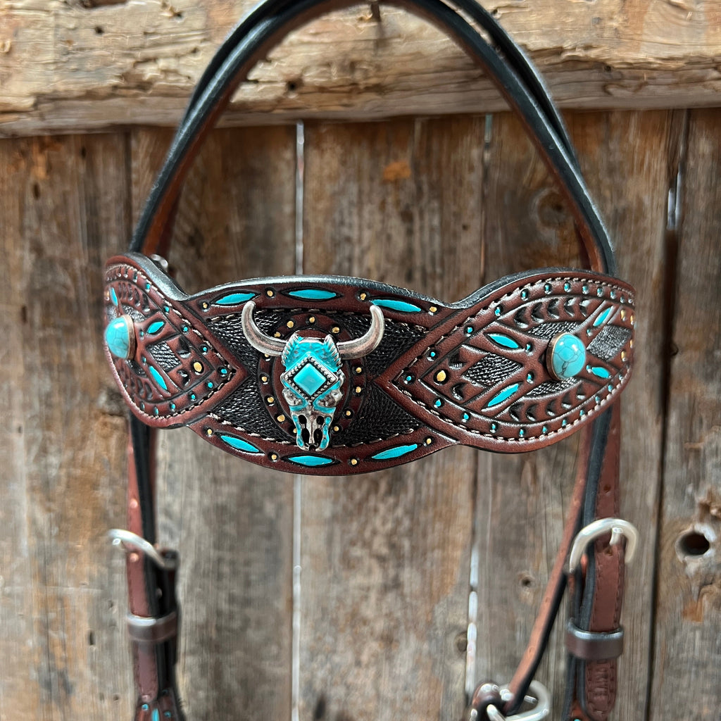 Dark Oil Hand Painted Steer Head and Turquoise Browband/One Ear and Breastcollar Tack Set #BBBC488 — view 4