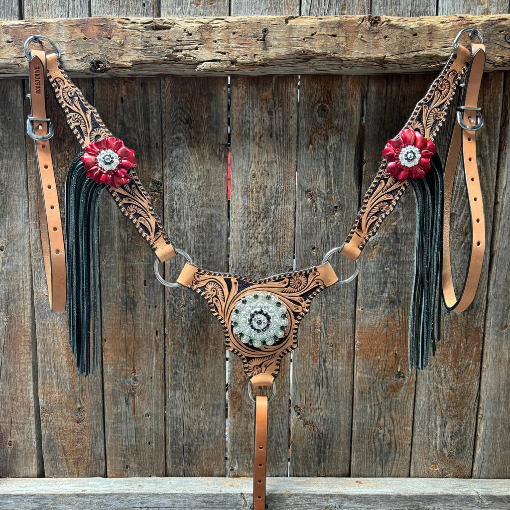 Floral Whipstitch Black and Red Browband / One Ear - Triangle / Gladiator Breastcollar Tack Set #BBBC642 — view 5