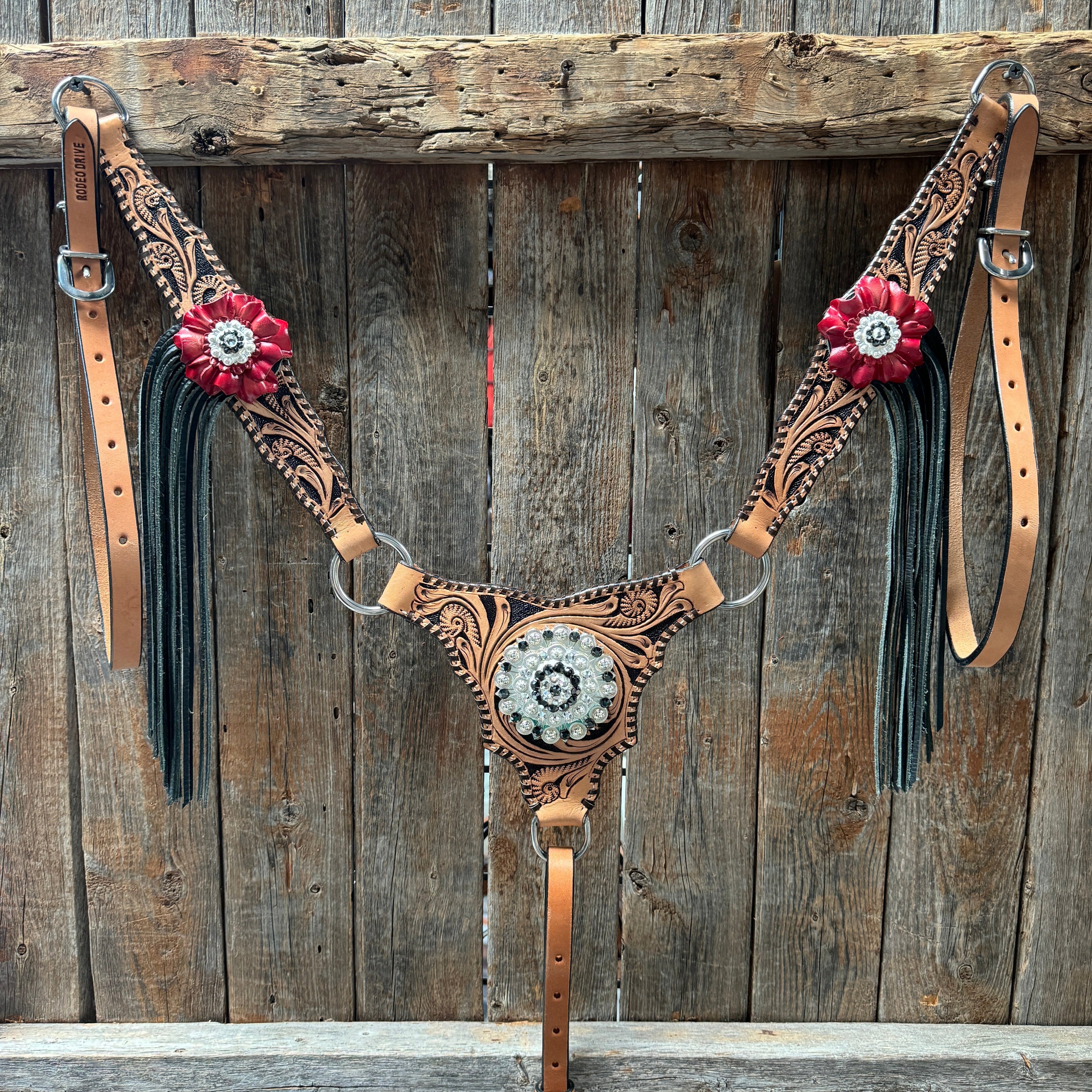 Floral Whipstitch Black and Red Browband / One Ear - Triangle / Gladiator Breastcollar Tack Set #BBBC642 — view 5