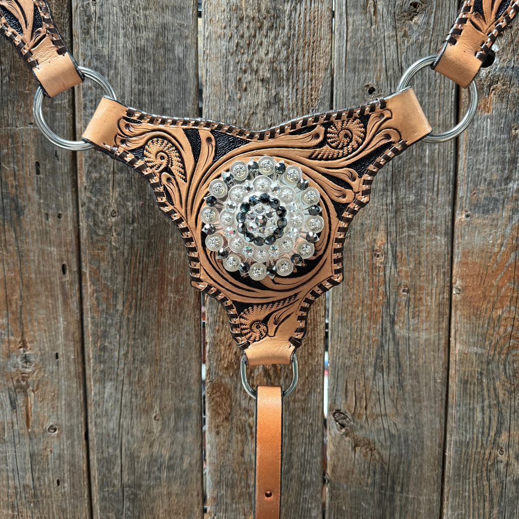 Floral Whipstitch Black and Red Browband / One Ear - Triangle / Gladiator Breastcollar Tack Set #BBBC642 — view 7