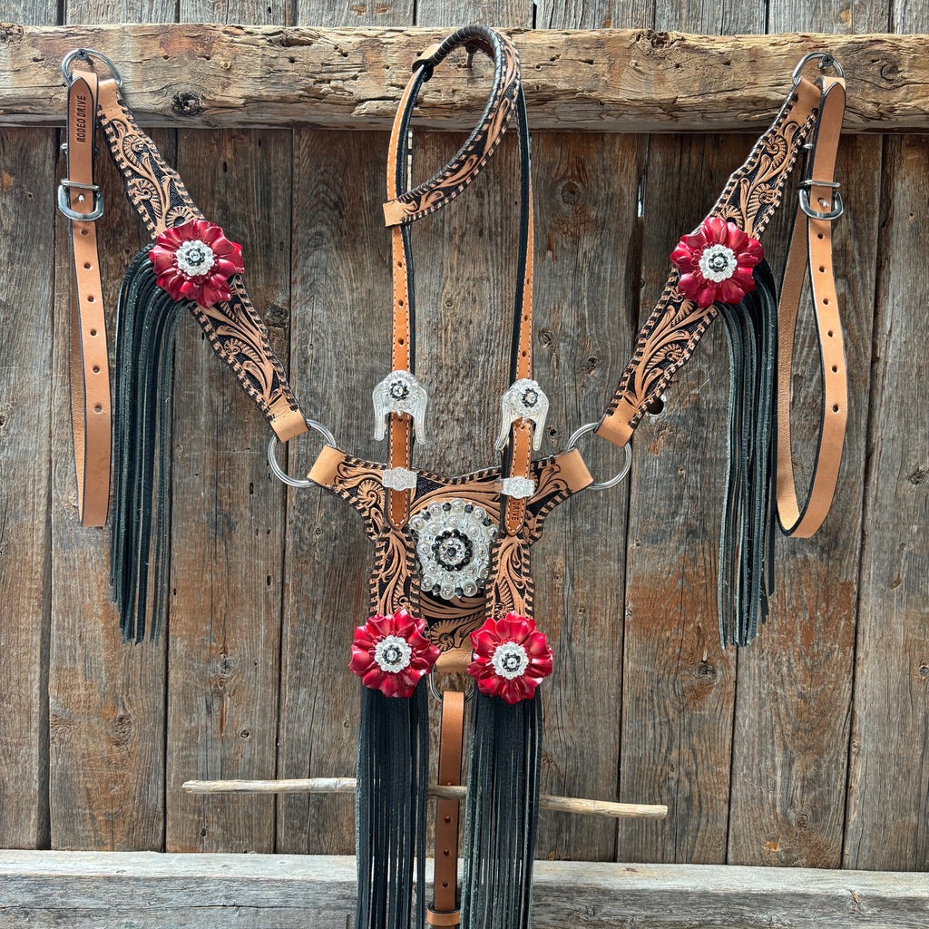 Floral Whipstitch Black and Red Browband / One Ear - Triangle / Gladiator Breastcollar Tack Set #BBBC642 — view 2