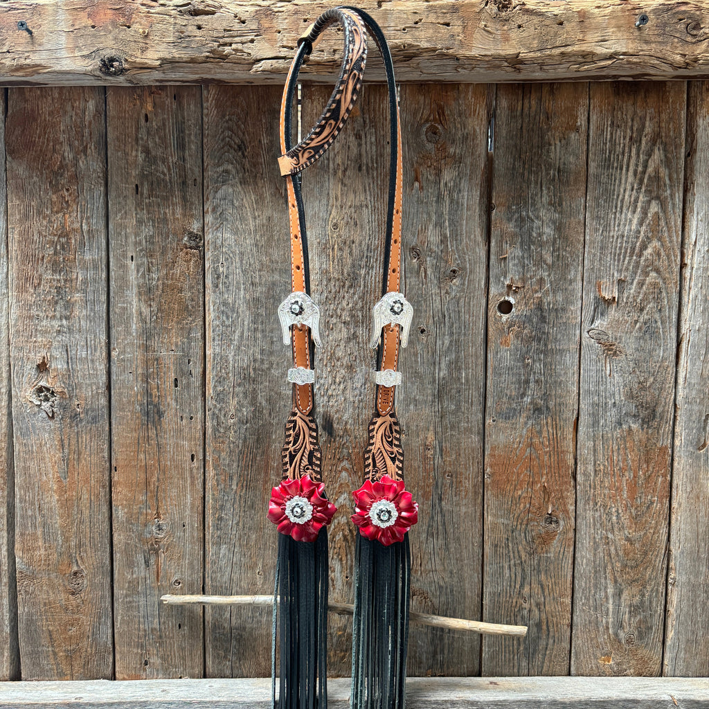 Floral Whipstitch Black and Red Browband / One Ear - Triangle / Gladiator Breastcollar Tack Set #BBBC642 — view 4