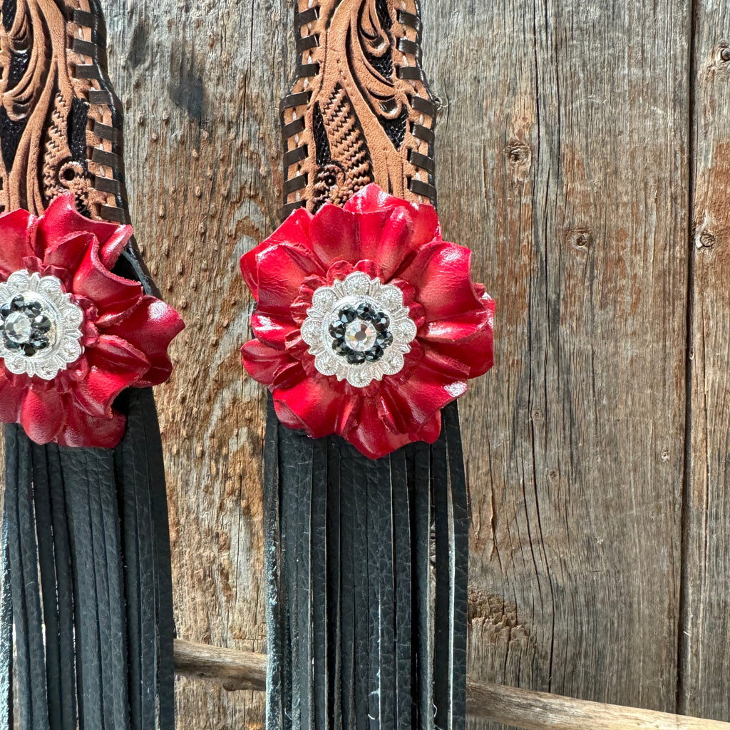 Floral Whipstitch Black and Red Browband / One Ear - Triangle / Gladiator Breastcollar Tack Set #BBBC642 — view 11