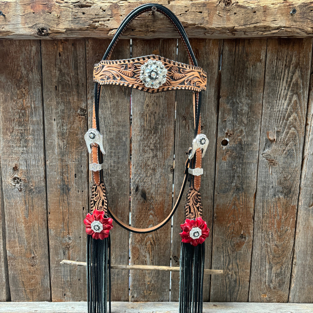 Floral Whipstitch Black and Red Browband / One Ear - Triangle / Gladiator Breastcollar Tack Set #BBBC642 — view 3