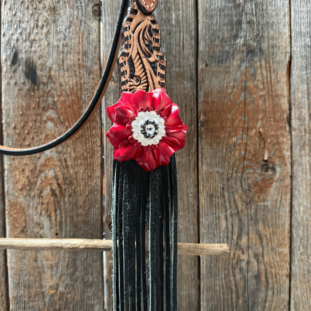 Floral Whipstitch Black and Red Browband / One Ear - Triangle / Gladiator Breastcollar Tack Set #BBBC642 — view 10