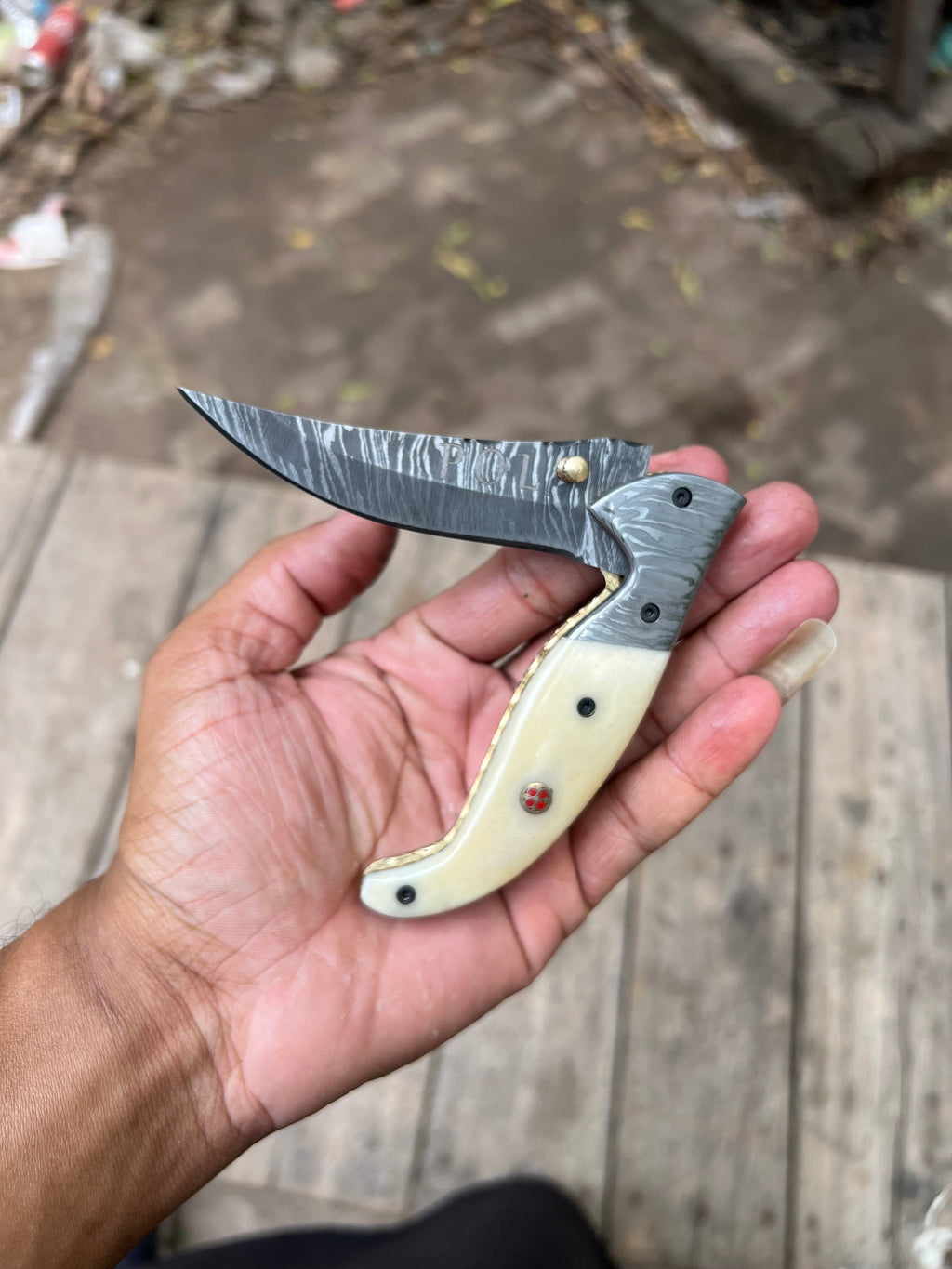 Frontrunner Camel Bone folding knife with Leather Sheath
