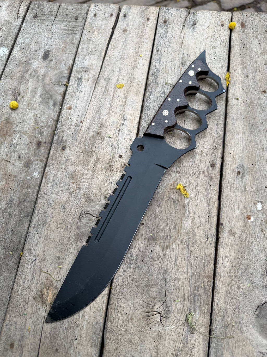 Knuckle Handle Tactical Knife Acid Etched Drop Point Fixed Blade