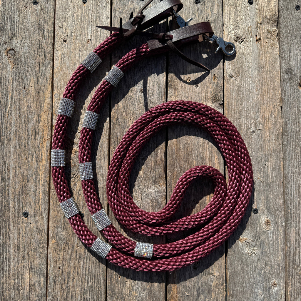 Burgundy Nylon Barrel Racing Reins with Rhinestones #BNR107