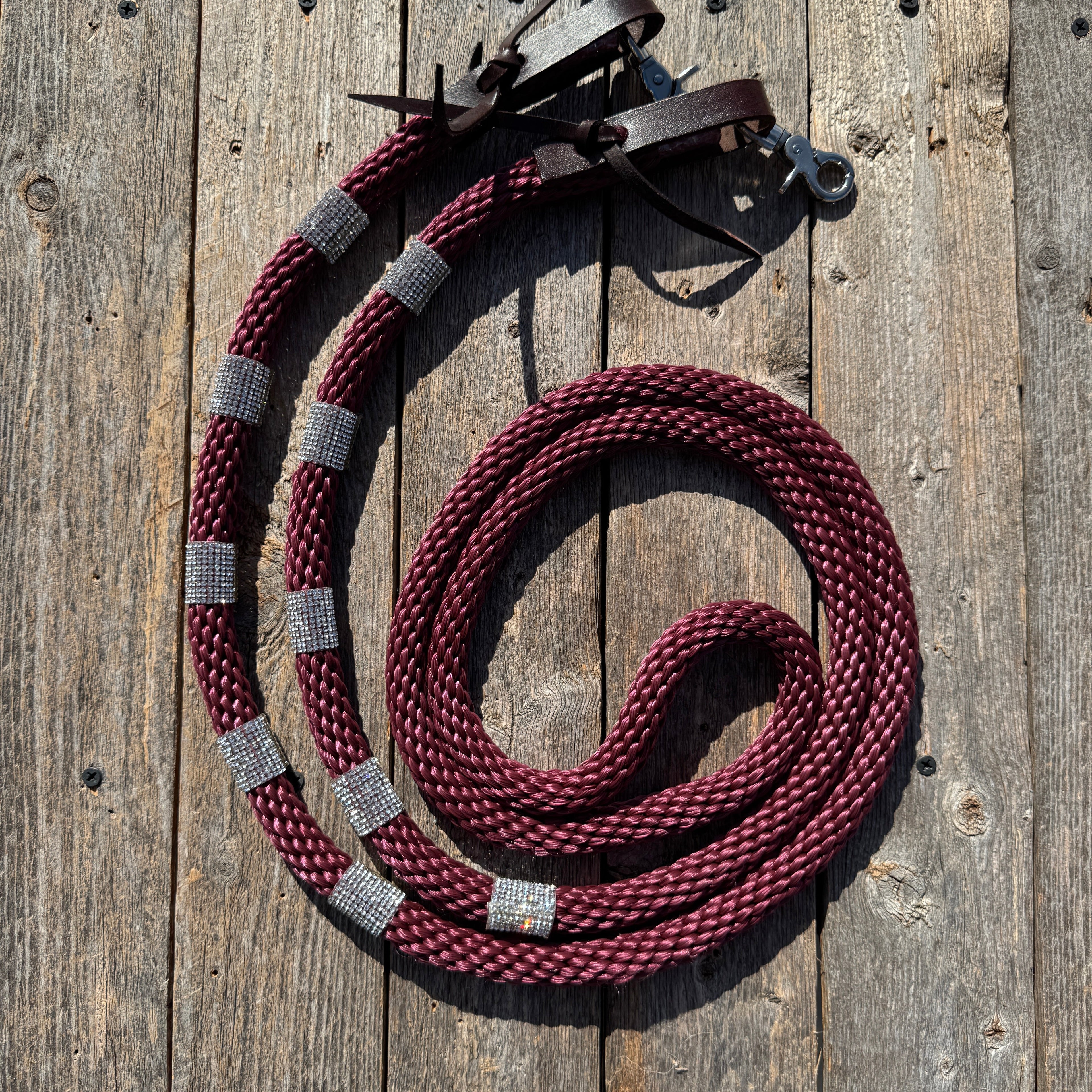 Burgundy Nylon Barrel Racing Reins with Rhinestones #BNR107