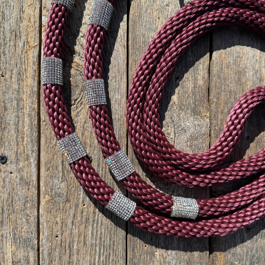 Burgundy Nylon Barrel Racing Reins with Rhinestones #BNR107 — view 2