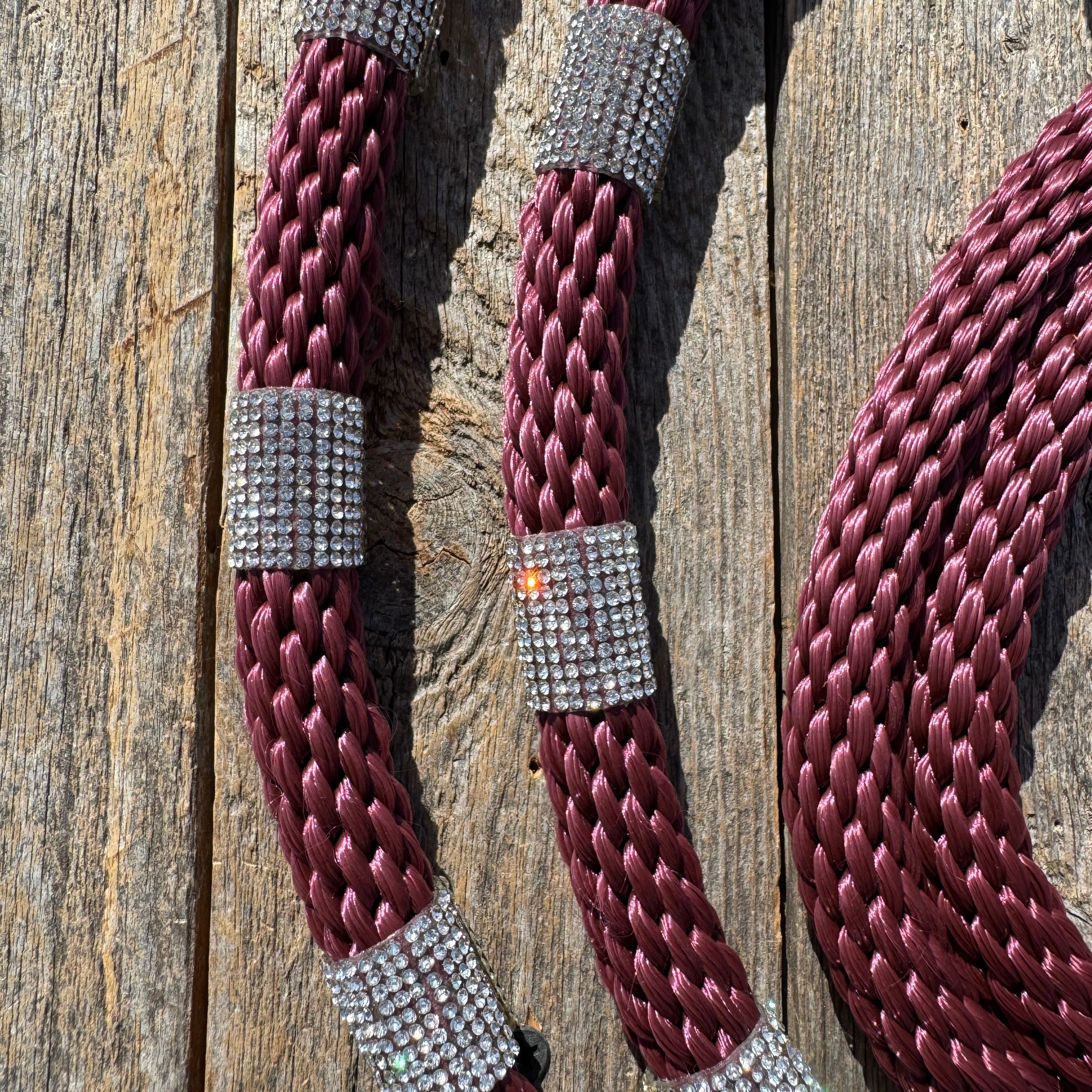 Burgundy Nylon Barrel Racing Reins with Rhinestones #BNR107 — view 3