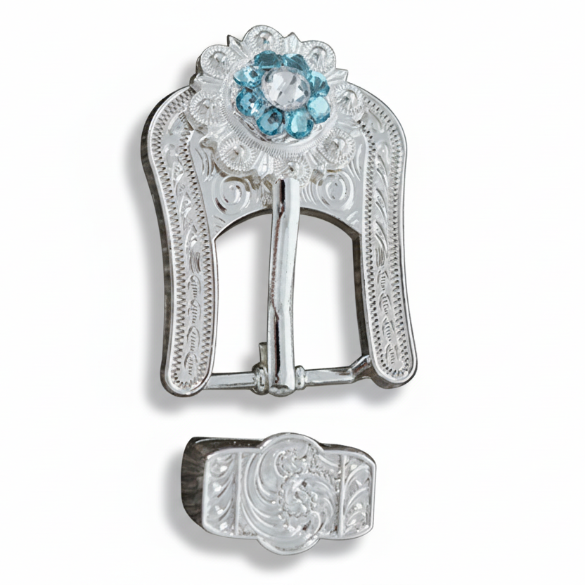 Bright Silver Aqua - Clear Crystal Conchos | Sizes 1"- 3" | Buckles | Saddle Set | Leather Rosettes | Slide — view 6
