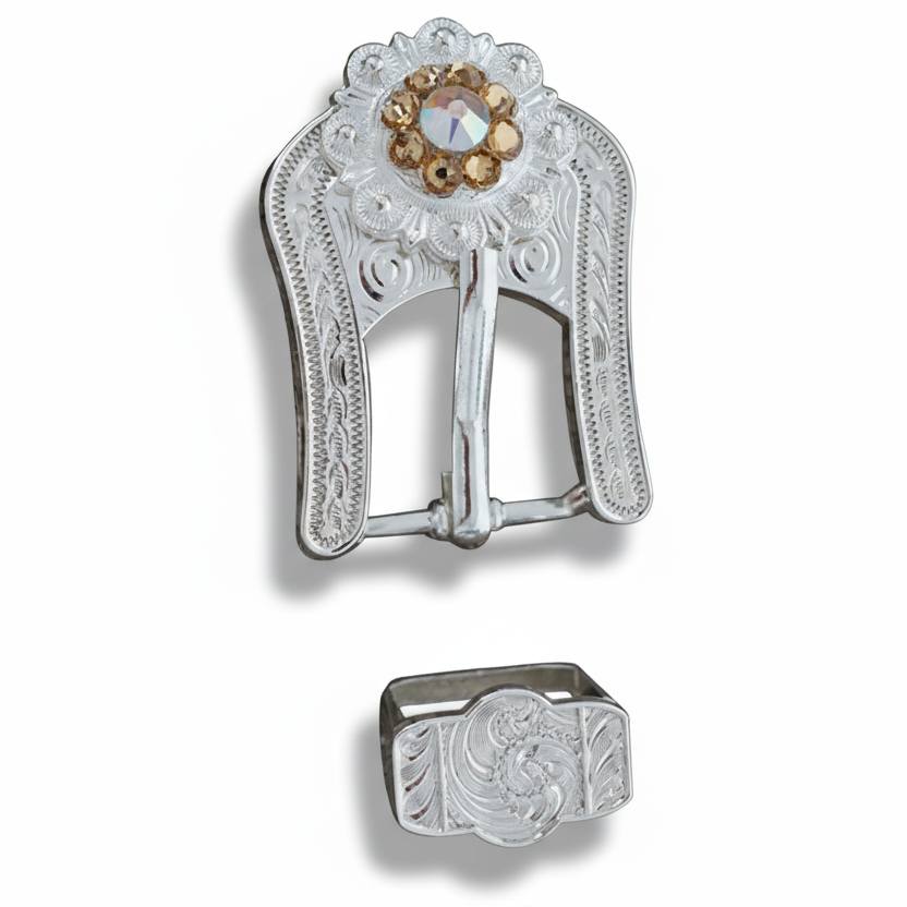 Bright Silver Champagne - AB Crystal Conchos | Sizes 1"- 3" | Buckles | Saddle Set | Leather Rosettes | Slide — view 6