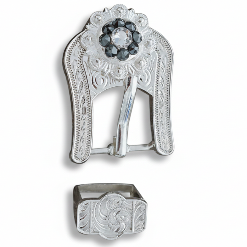 Bright Silver Jet - Clear Crystal Conchos | Sizes 1"- 3" | Buckles | Saddle Set | Leather Rosettes | Slide — view 6