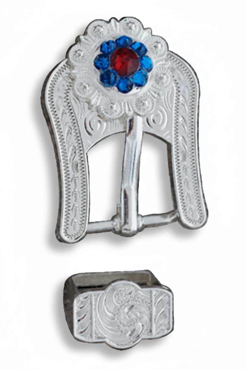 Bright Silver Red - White - Blue Crystal Conchos | Sizes 1"- 3" | Buckles | Saddle Set | Leather Rosettes | Slide — view 6