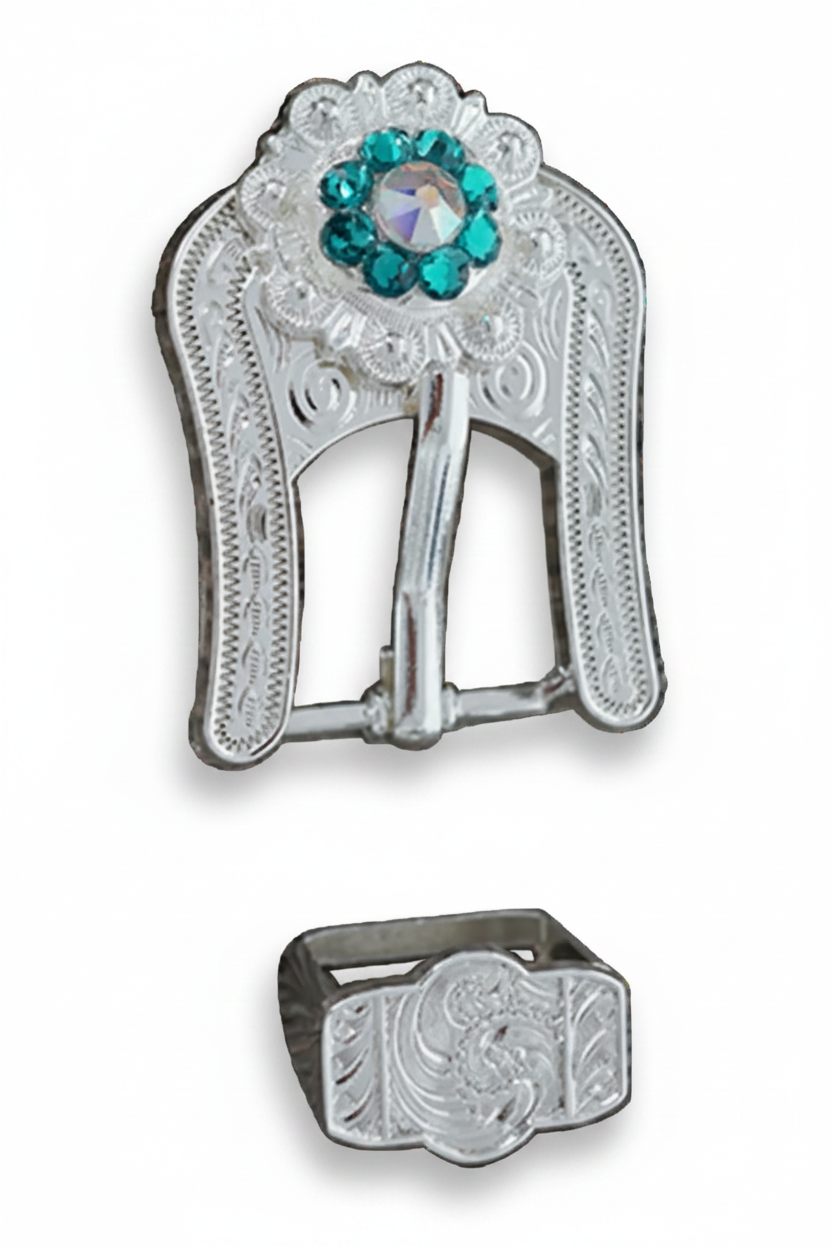 Bright Silver Teal - AB Crystal Conchos | Sizes 1"- 3" | Buckles | Saddle Set | Leather Rosettes | Slide — view 6