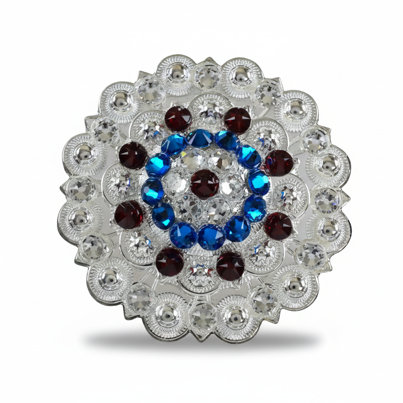 Bright Silver Red - White - Blue Crystal Conchos | Sizes 1"- 3" | Buckles | Saddle Set | Leather Rosettes | Slide — view 5