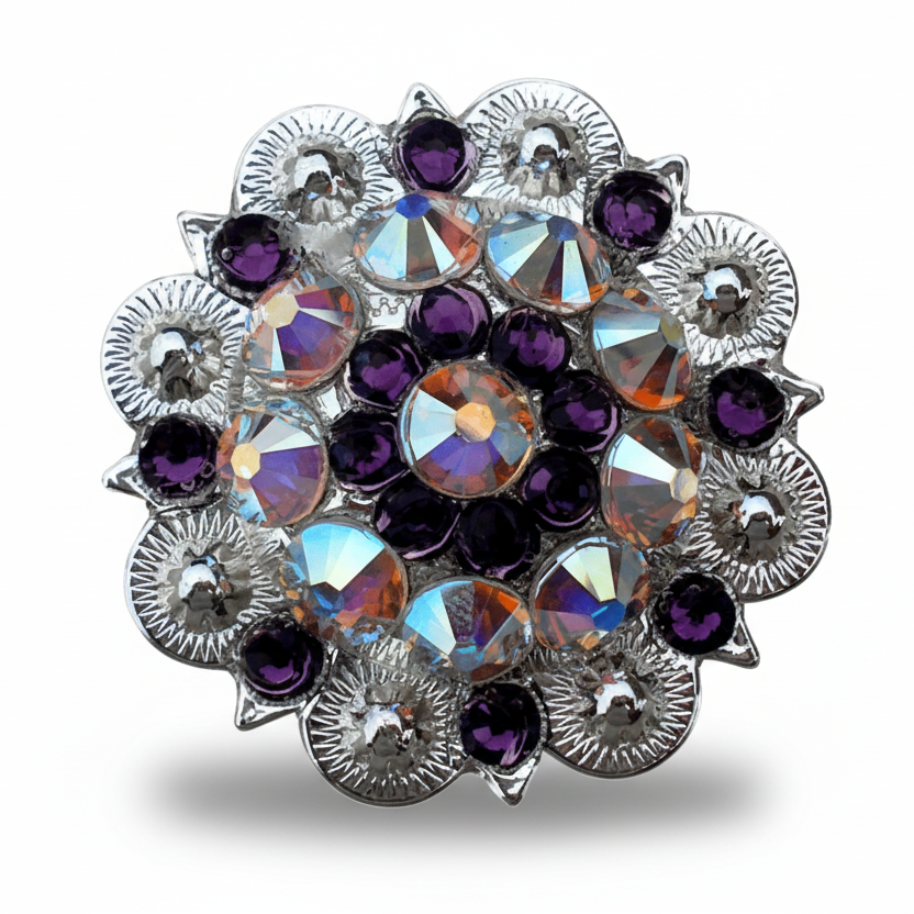 Bright Silver Amethyst - AB Crystal Conchos | Sizes 1"- 3" | Buckles | Saddle Set | Leather Rosettes | Slide — view 2