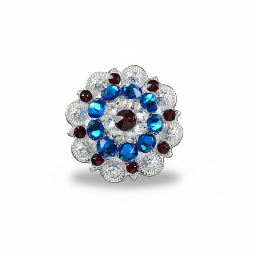 Bright Silver Red - White - Blue Crystal Conchos | Sizes 1"- 3" | Buckles | Saddle Set | Leather Rosettes | Slide — view 2
