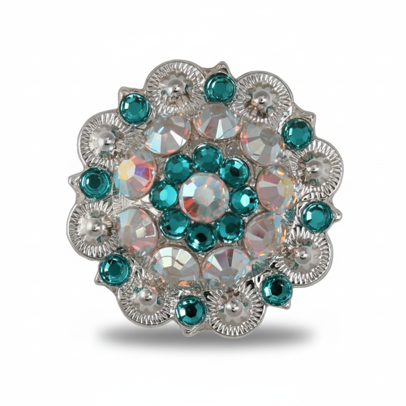 Bright Silver Teal - AB Crystal Conchos | Sizes 1"- 3" | Buckles | Saddle Set | Leather Rosettes | Slide — view 2